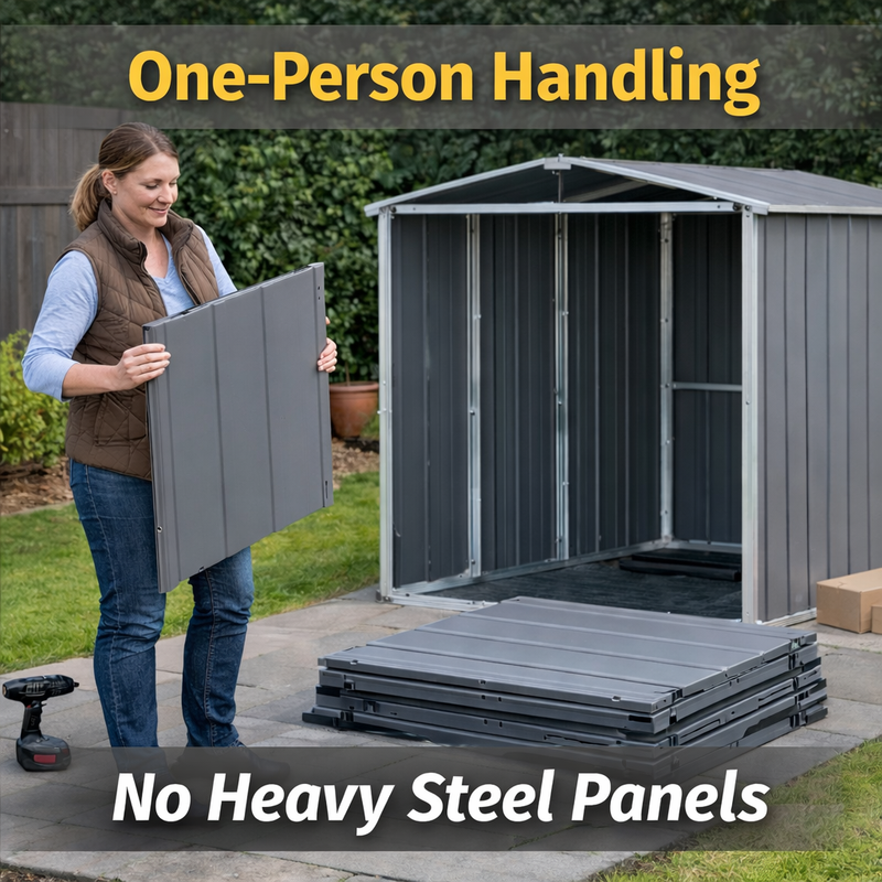 Woman assembling a metal shed with text highlighting one-person handling and no heavy steel panels.
