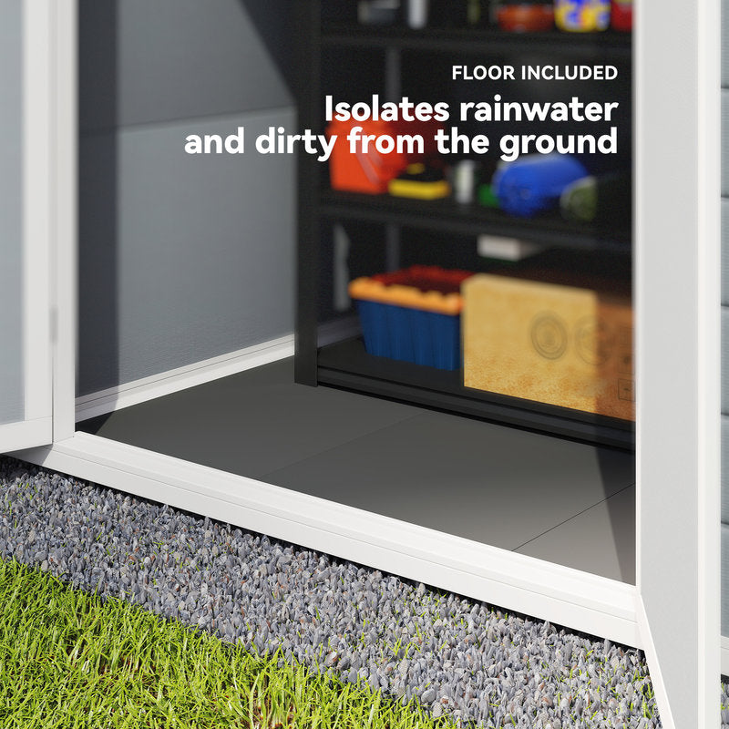 Shed interior with floor included, isolating rainwater and dirt from the ground.