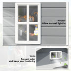 Collage showing a window and vents on a storage shed with text indicating their functions.
