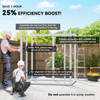 Two people assembling a garden shed with text on efficiency boost and assembly instructions.