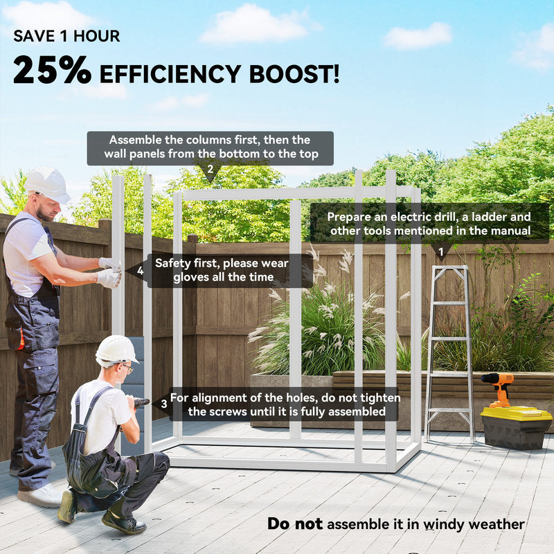 Two people assembling a garden shed with text on efficiency boost and assembly instructions.