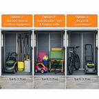 Three options for storage solutions with garden tools, kids outdoor toys, and bicycle & lawn mower.