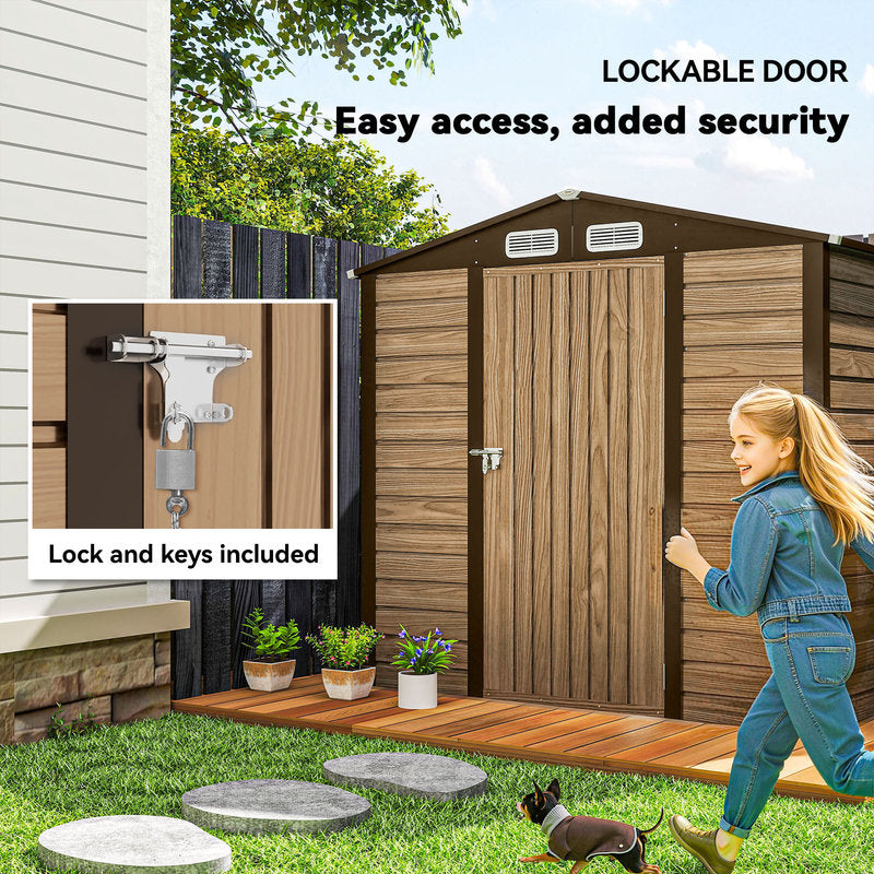 Wooden shed with a lockable door, woman opening it, and dog nearby.
