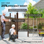 Two workers assembling a wooden structure outdoors with safety instructions displayed.