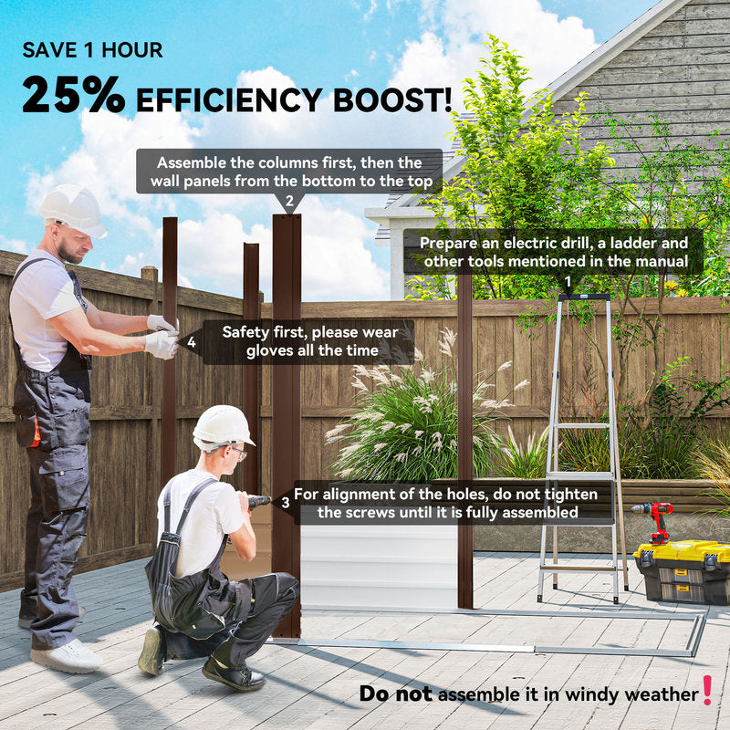 Two workers assembling a wooden structure outdoors with safety instructions displayed.