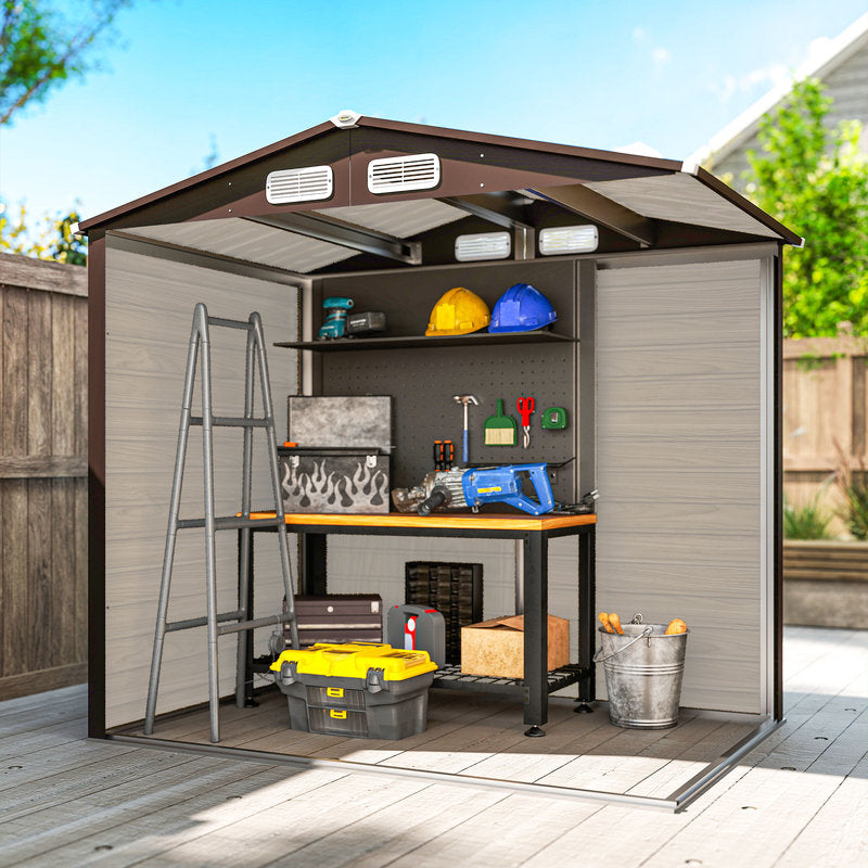 Storage shed with tools and equipment on shelves and a workbench outdoors.
