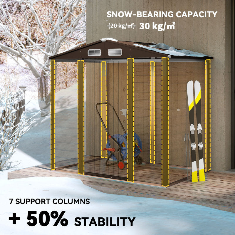 Outdoor storage shed with snow-bearing capacity and stability features in a snowy landscape.