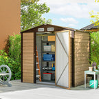 Wooden storage shed with open door, shelves, and various items on a sunny day.