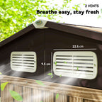 Two vents on a wooden surface with greenery in the background, labeled '2 VENTS Breathe easy, stay fresh'.