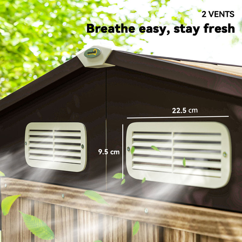Two vents on a wooden surface with greenery in the background, labeled '2 VENTS Breathe easy, stay fresh'.