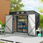 Storage shed with open doors showing organized shelves and items on a wooden deck.