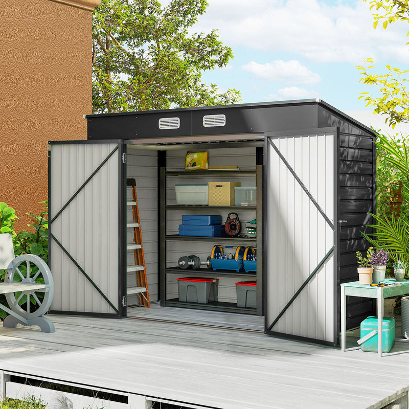 Storage shed with open doors showing organized shelves and items on a wooden deck.