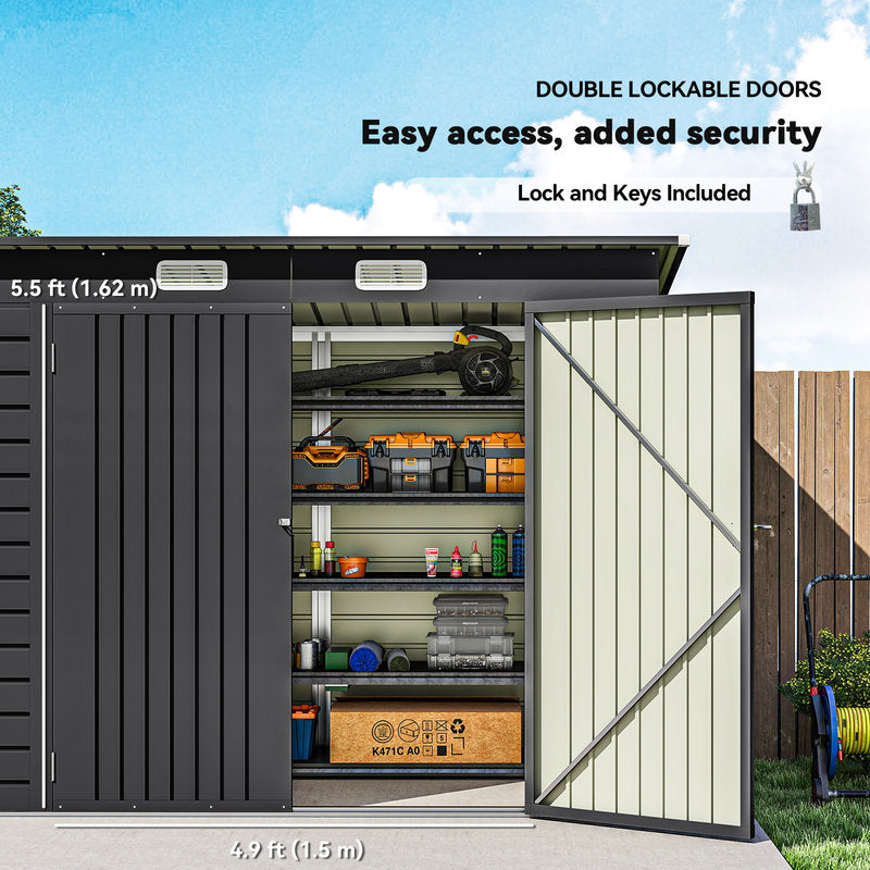 Storage shed with open door showing organized shelves and tools, set against a blue sky.