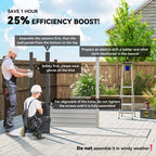 Two people assembling outdoor furniture with text on efficiency boost and assembly instructions.