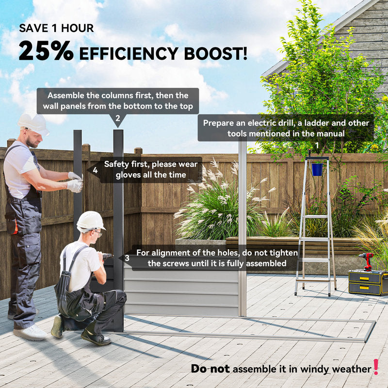 Two people assembling outdoor furniture with text on efficiency boost and assembly instructions.