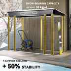 Outdoor storage shed with snow-bearing capacity and stability features, shown with a snowmobile and skis.