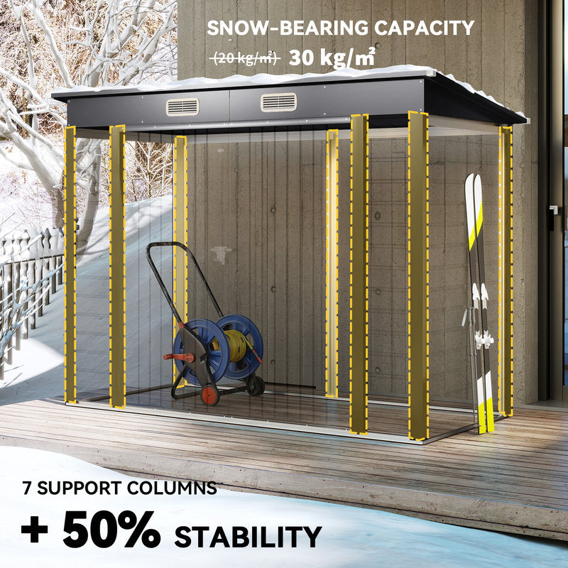 Outdoor storage shed with snow-bearing capacity and stability features, shown with a snowmobile and skis.