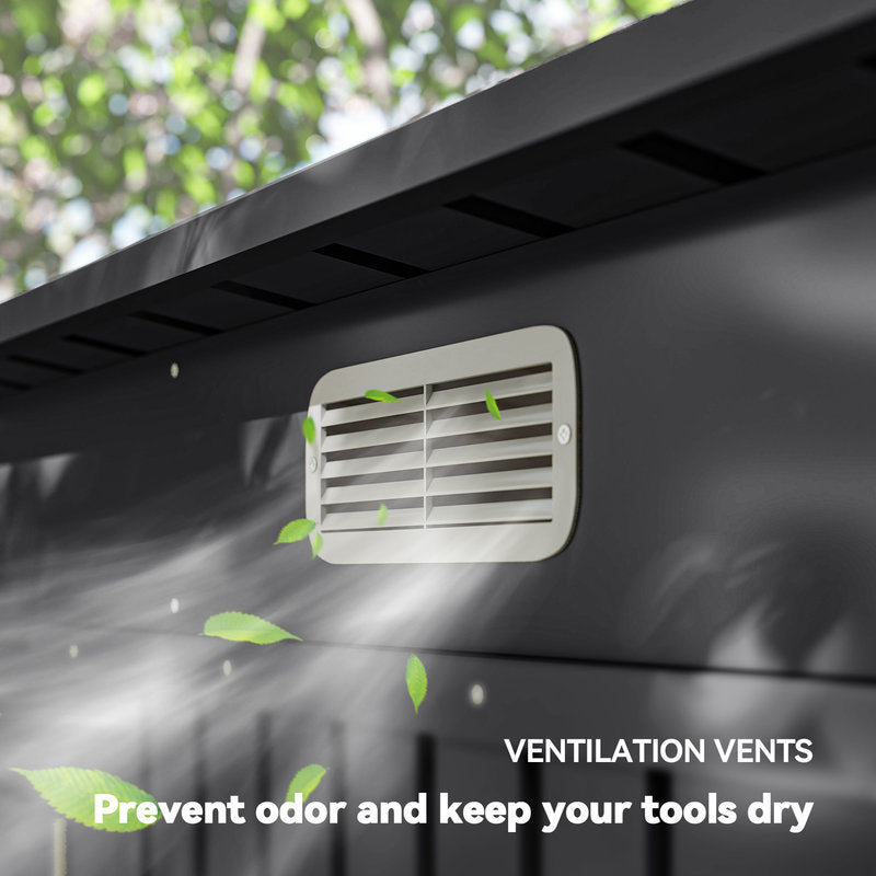 Ventilation vent on a tool storage unit with green leaves, promoting odor prevention and dryness.