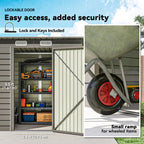 Storage shed with lockable door, shelves filled with items, and a small ramp for wheeled items.