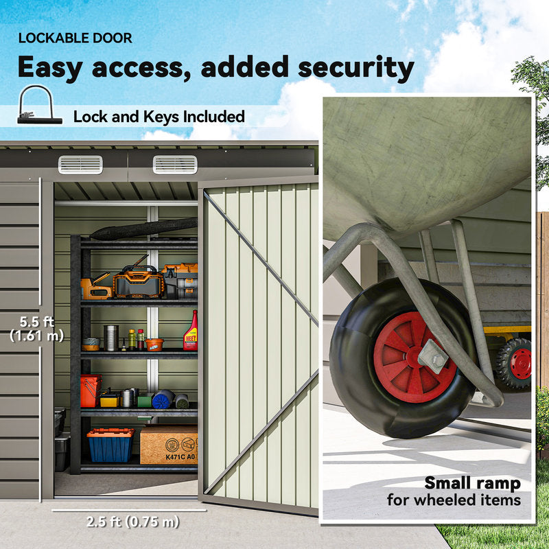 Storage shed with lockable door, shelves filled with items, and a small ramp for wheeled items.