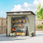 Storage shed with various items on shelves against a blue sky.