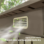 Ventilation vent on a tool storage cabinet with text 'Prevent odor and keep your tools dry'.