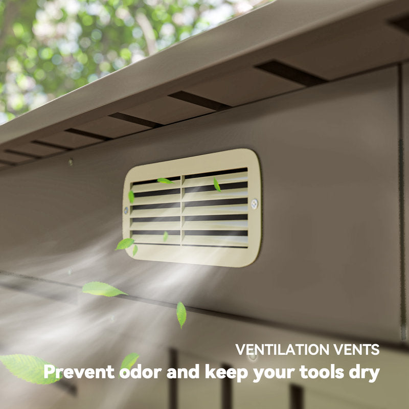 Ventilation vent on a tool storage cabinet with text 'Prevent odor and keep your tools dry'.