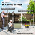 Two people assembling a wooden structure outdoors with text on efficiency boost and assembly instructions.