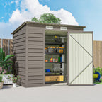 Storage shed with open door showing organized shelves against a blue sky.