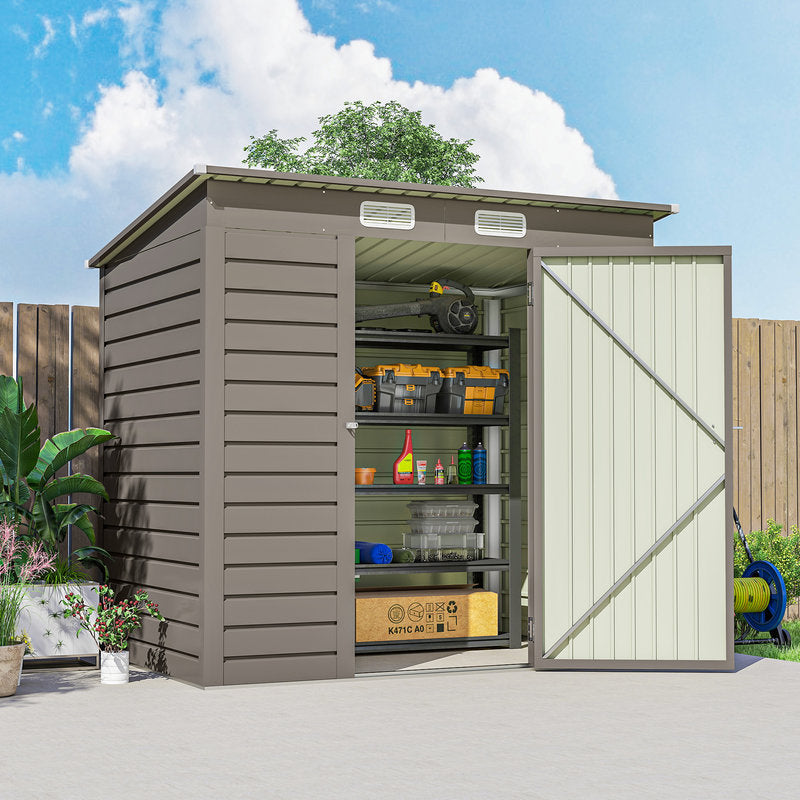 Storage shed with open door showing organized shelves against a blue sky.