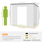Diagram of a storage shed with dimensions labeled, including a person for scale.