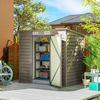 Outdoor storage shed with shelves and doors open on a wooden deck