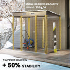 Outdoor storage shed with snow-bearing capacity and stability features in a snowy landscape.