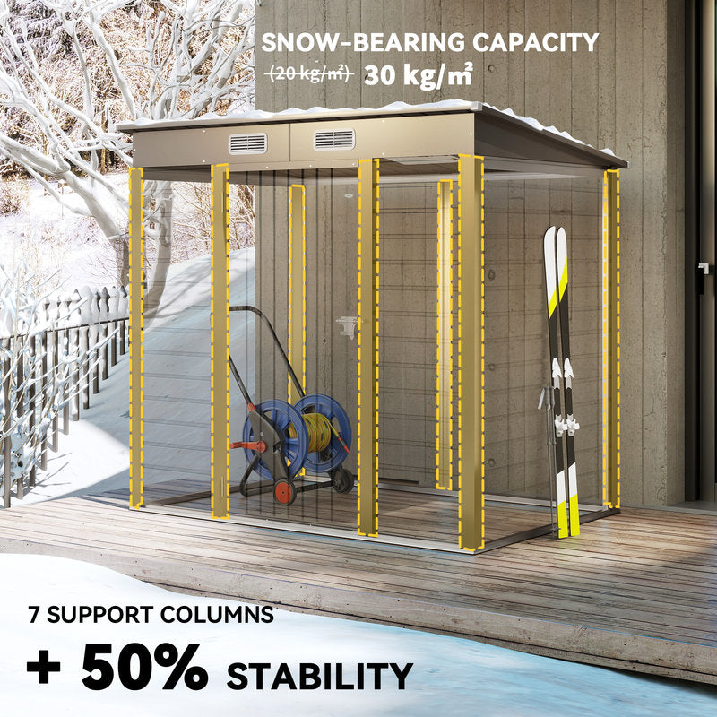 Outdoor storage shed with snow-bearing capacity and stability features in a snowy landscape.