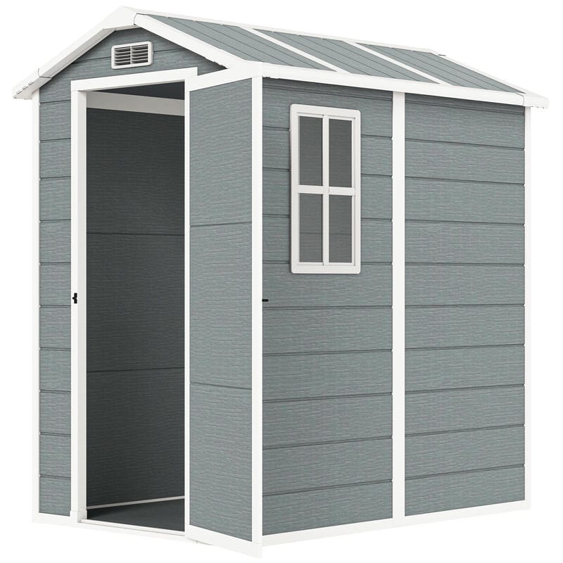 Grey storage shed with a white door and window on a white background