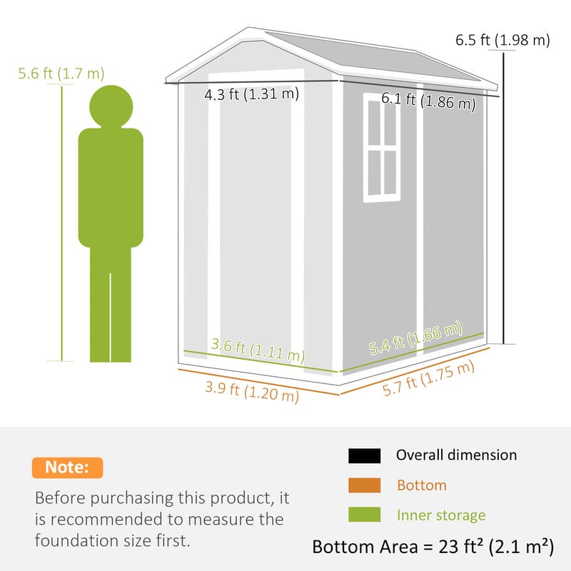 Measurement chart of a storage shed with dimensions and a person for scale.