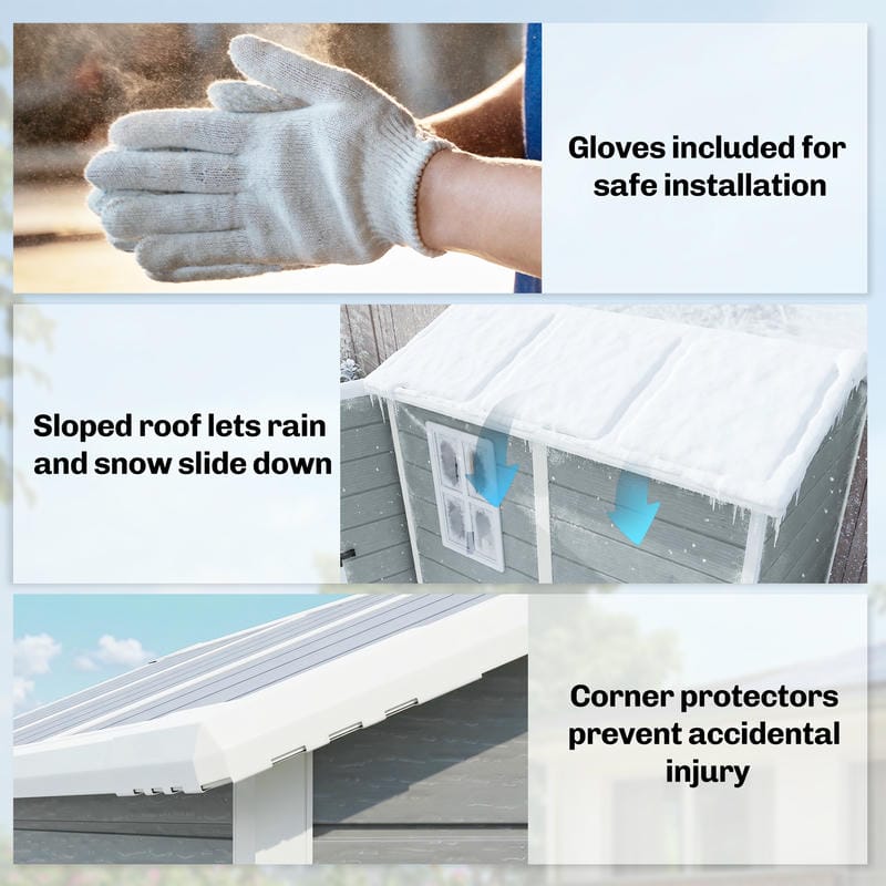 Grey plastic resin garden shed with apex roof, corner protectors and included installation gloves
