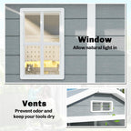 Close-up of garden shed window and ventilation grille for natural light and airflow