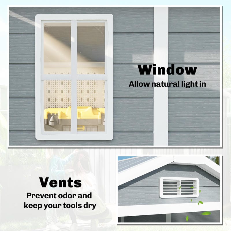 Close-up of garden shed window and ventilation grille for natural light and airflow