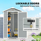 Outdoor storage shed with lockable doors, tools inside, and lock detail on a clear day.