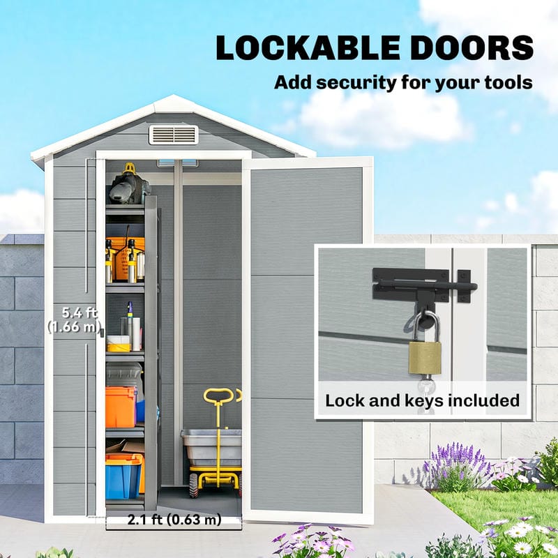Outdoor storage shed with lockable doors, tools inside, and lock detail on a clear day.