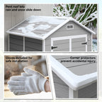 Collage of a storage shed with features highlighted, including a pent roof, gloves for installation, and corner protectors.