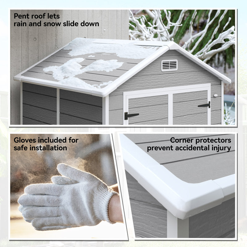 Collage of a storage shed with features highlighted, including a pent roof, gloves for installation, and corner protectors.