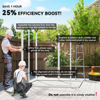 Two people assembling a metal frame outdoors with text on efficiency boost and assembly instructions.