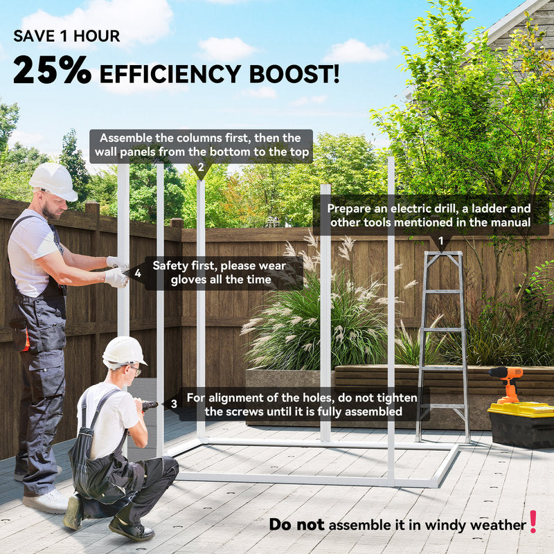 Two people assembling a metal frame outdoors with text on efficiency boost and assembly instructions.