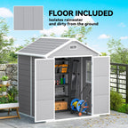 Gray storage shed with open doors showing interior, surrounded by greenery.