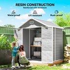 Resin construction shed with a woman and child in a garden setting, highlighting waterproof, UV resistant, and rust-proof features.