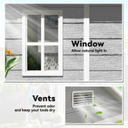 Window with text 'Allow natural light in' and vent with text 'Prevent odor and keep your tools dry'.