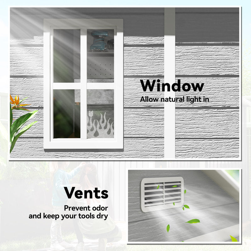 Window with text 'Allow natural light in' and vent with text 'Prevent odor and keep your tools dry'.