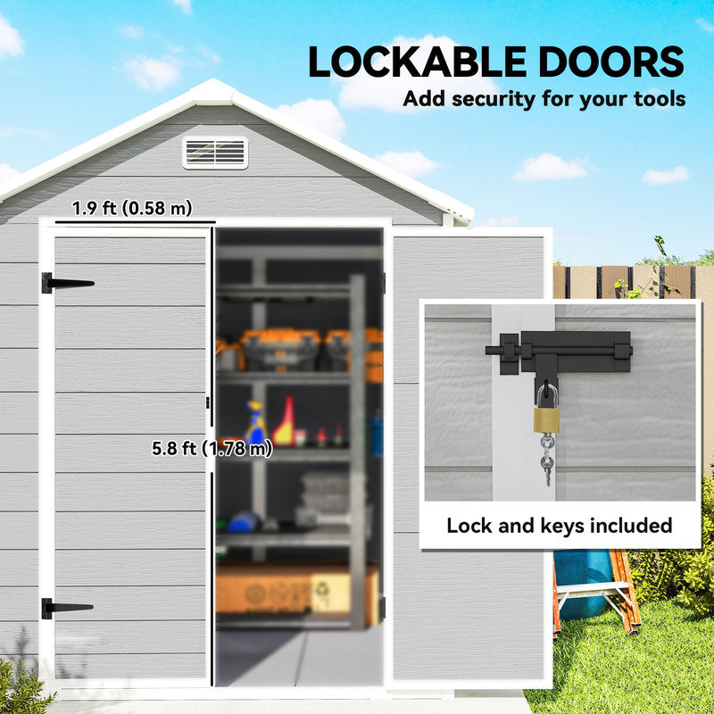 Storage shed with lockable doors, showing dimensions and lock details.